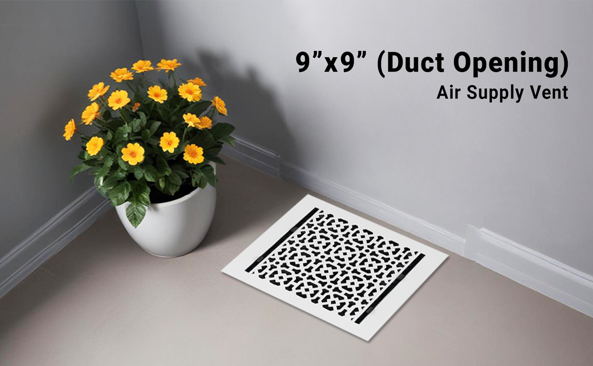 Achtek 9x9 solid cast aluminum air supply vent for floor mounting, patent design, provided with gravity drop installations
