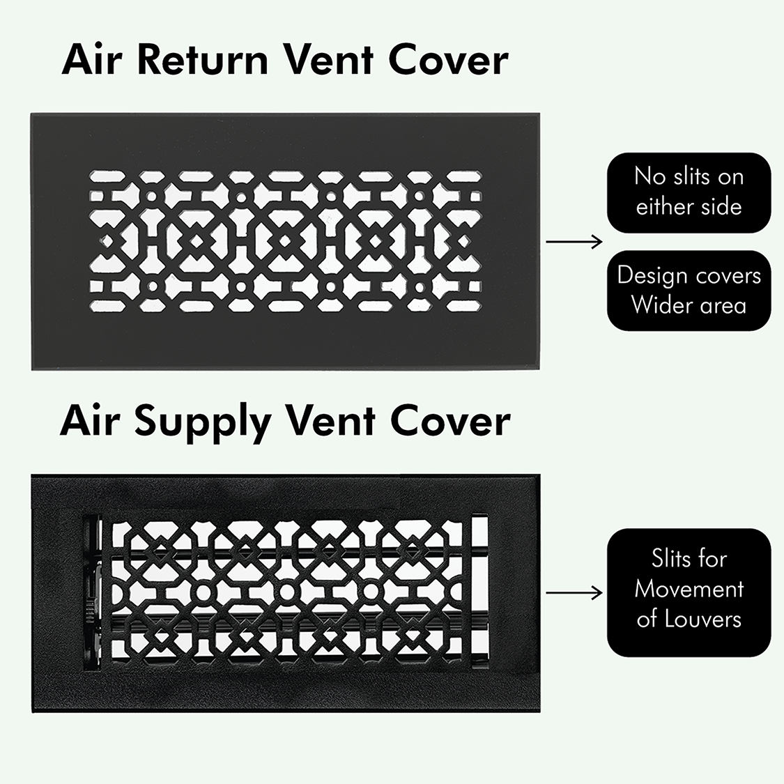 Air Return Vent Cover with no side slits and a wider design compared to Air Supply Vent Cover with slits for louver movement