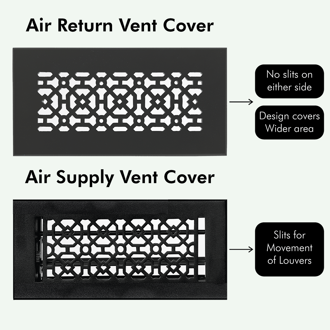 Air Return Vent Cover with no side slits and a wider design compared to Air Supply Vent Cover with slits for louver movement