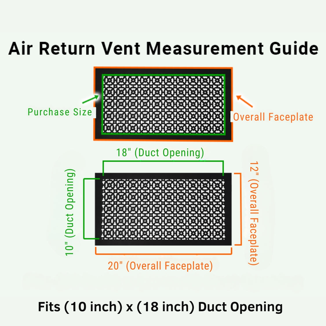 10x18 Achtek air vent purchase guide showing purchase size having duct opening 10x18 and overall faceplate 12x20