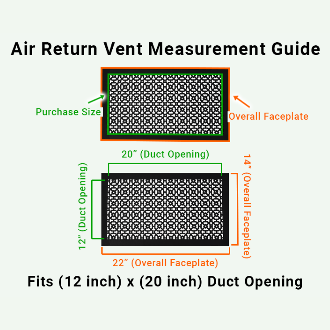 Achtek 12x20  air vent purchase guide showing purchase size having duct opening 12x20 and overall faceplate 14x22
