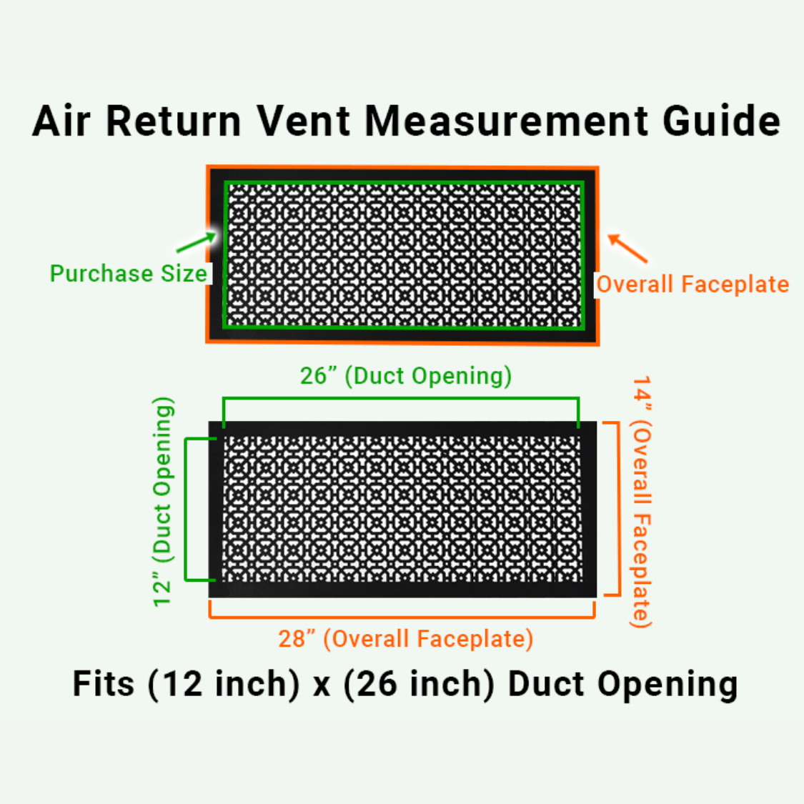 Achtek 12x26  air vent purchase guide showing purchase size having duct opening 12x26 and overall faceplate 14x28