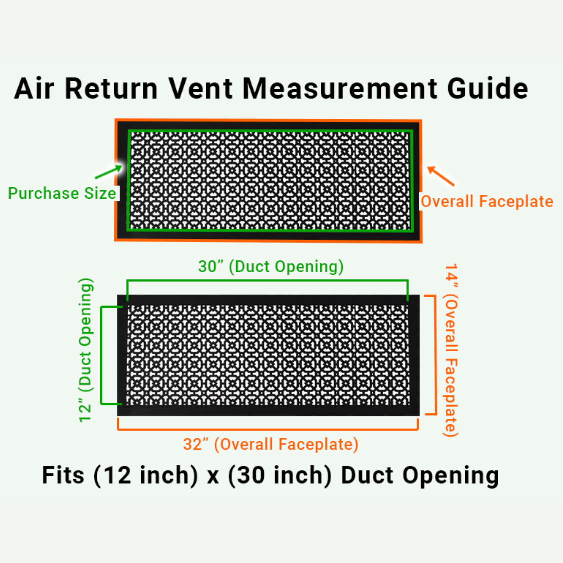 Achtek 12x30  air vent purchase guide showing purchase size having duct opening 12x30 and overall faceplate 14x32