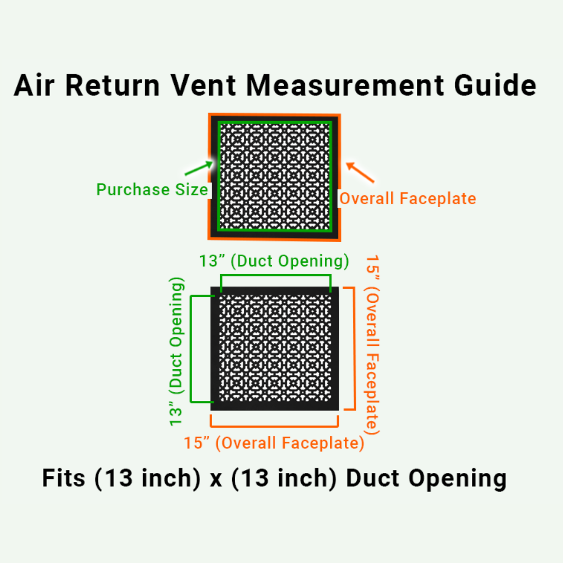 Achtek 13x13  air vent purchase guide showing purchase size having duct opening 13x13 and overall faceplate 15x15

