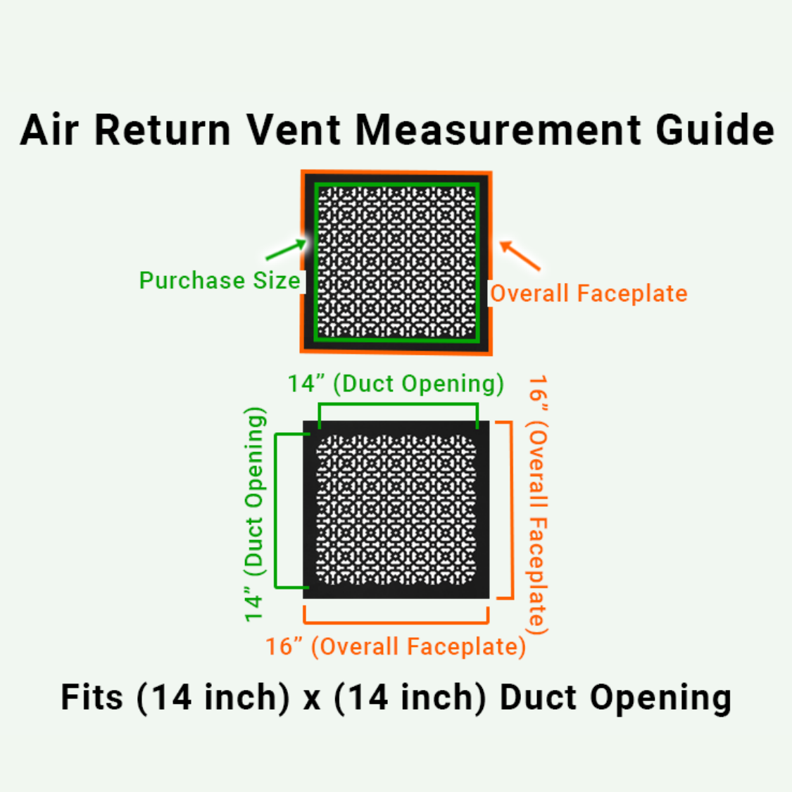 Achtek 14x14  air vent purchase guide showing purchase size having duct opening 14x14 and overall faceplate 16x16