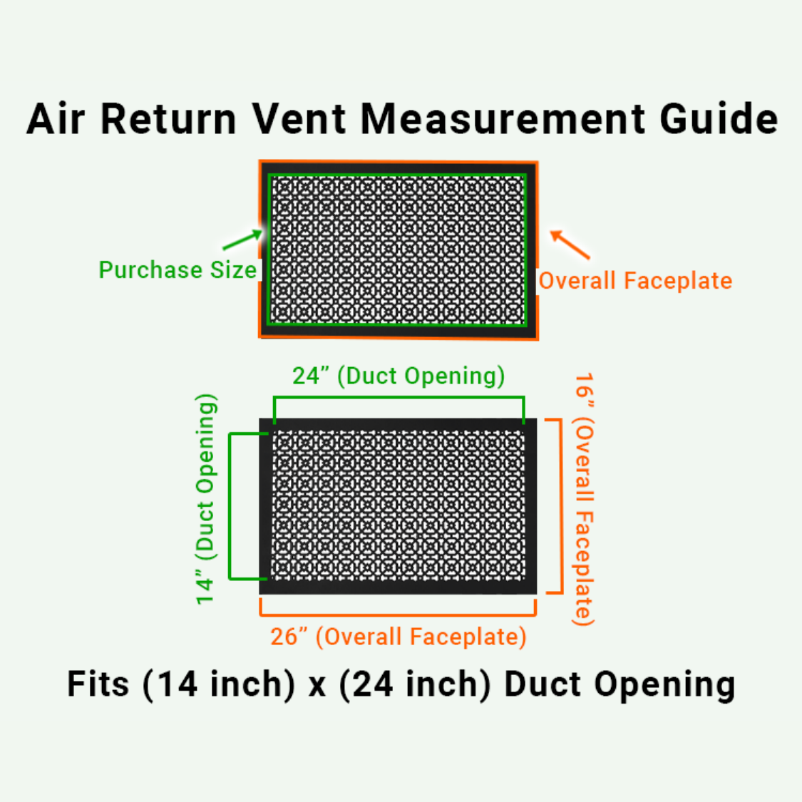 Achtek 14x24  air vent purchase guide showing purchase size having duct opening 14x24 and overall faceplate 16x26