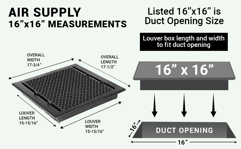 Achtek 16x16 air vent purchase guide showing purchase size having duct opening 16x16, and overall faceplate 17-1/2x17-3/4