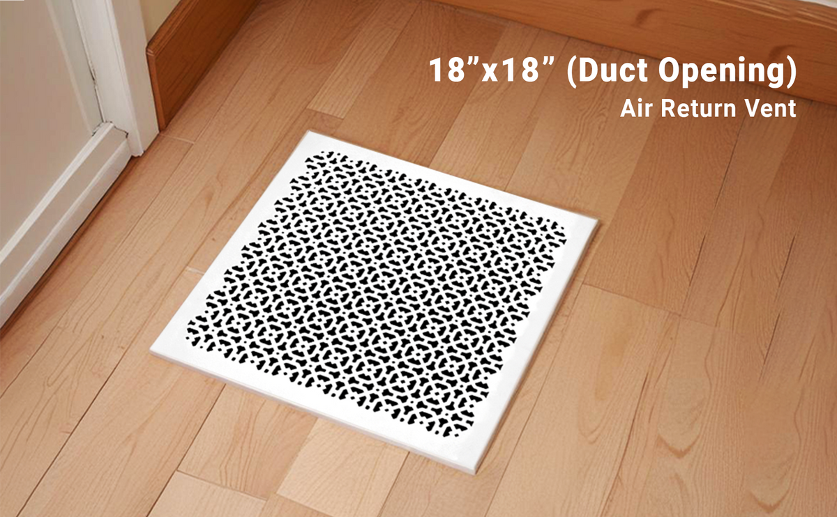 Achtek 18x18 solid cast aluminum air return vent cover with geometric design, beveled edge, overall back frame provided
