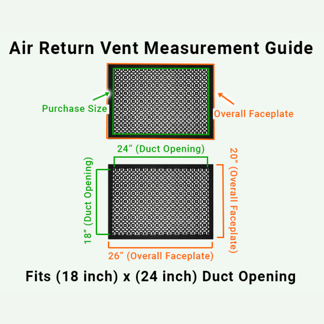 Achtek 18x24 air vent purchase guide showing purchase size having duct opening 18x24 and overall faceplate 20x26