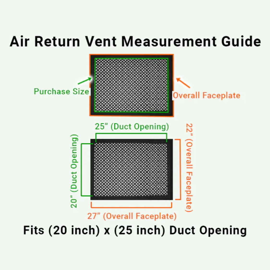 Achtek 20x25 air vent purchase guide showing purchase size having duct opening 20x25 and overall faceplate 22x27