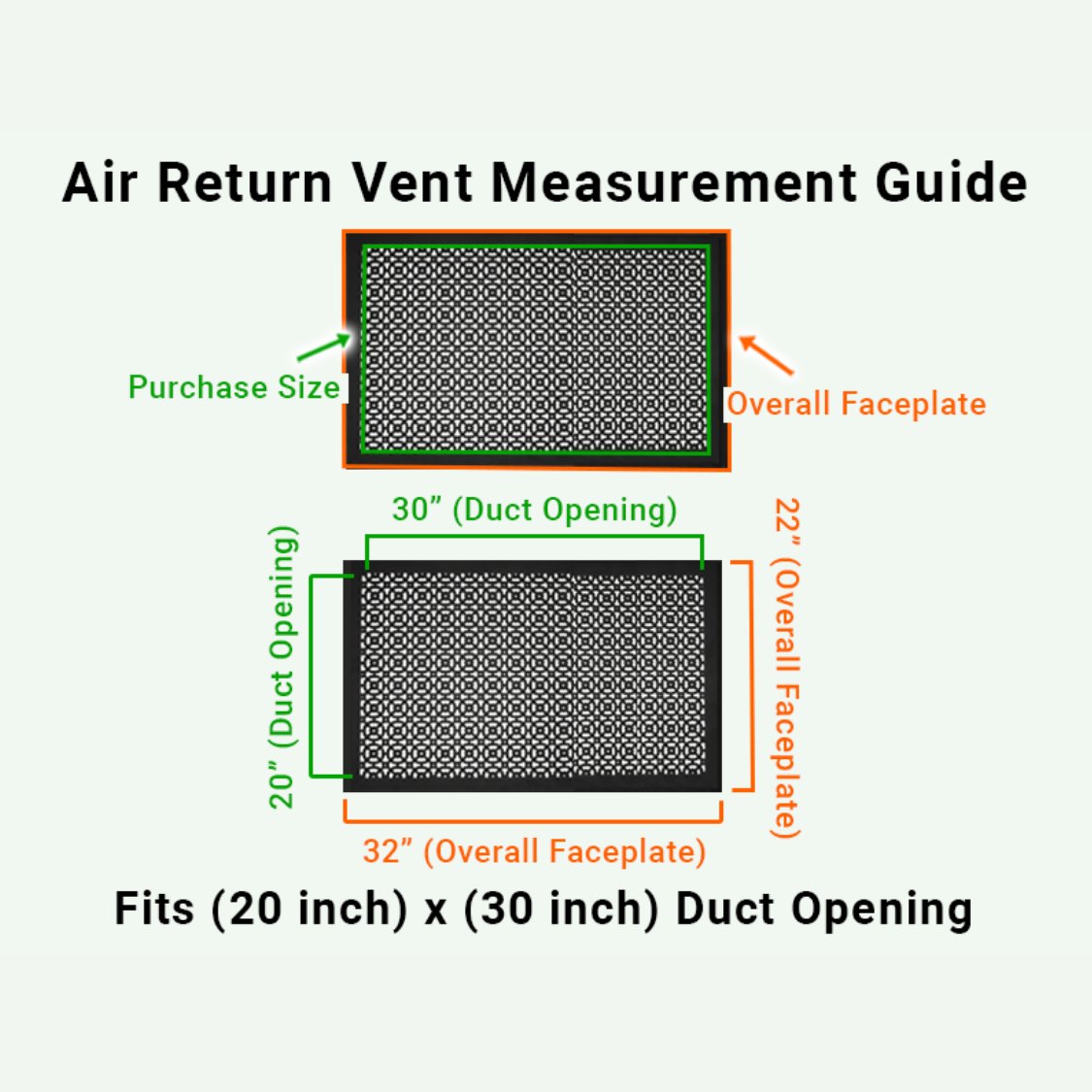 Achtek 20x30 air vent purchase guide showing purchase size having duct opening 20x30 and overall faceplate 22x32