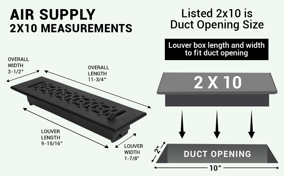 Achtek 2x10 air vent purchase guide showing purchase size having duct opening 2x10, and overall faceplate 3-1/2X11-3/4