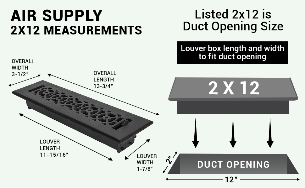 Achtek 2x12 air vent purchase guide showing purchase size having duct opening 2x12, and overall faceplate 3-1/2X13-3/4
