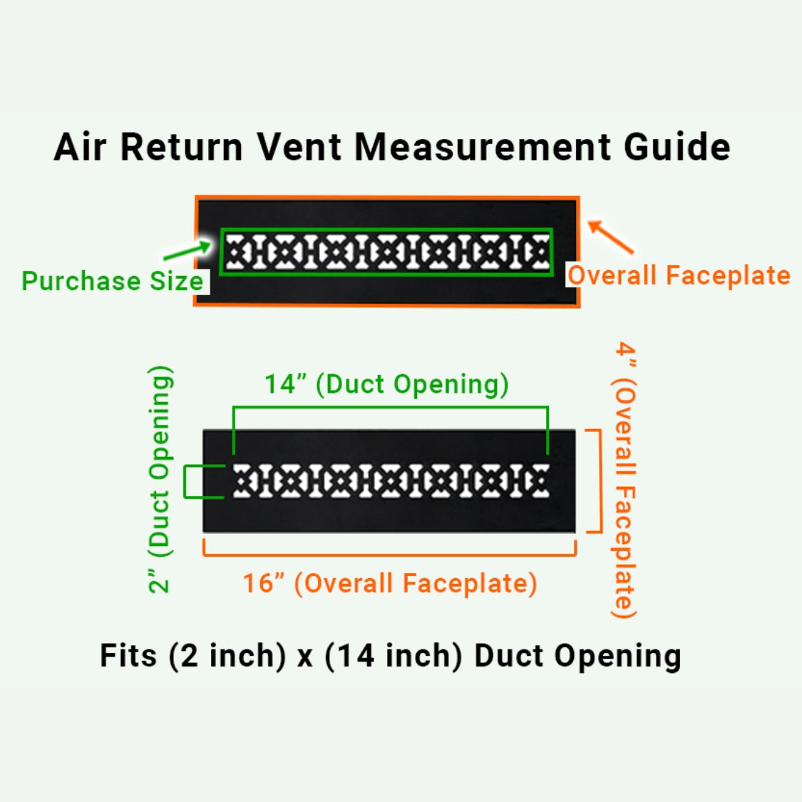 Achtek  2x14 air return vent cover purchase guide showing purchase size having duct opening 2 x14 and overall faceplate 4x16
