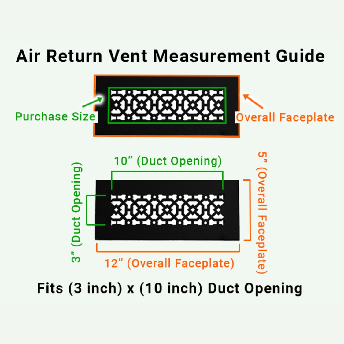 Air return vent cover purchase guide showing purchase size having duct opening 3 x10 and overall faceplate 5x12
