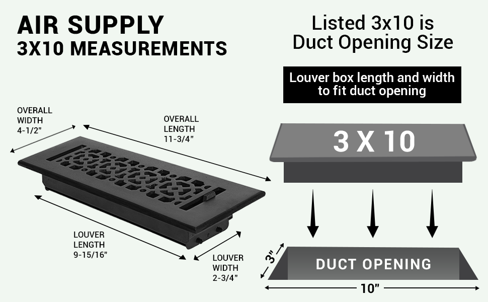 Achtek 3x10 air vent purchase guide showing purchase size having duct opening 3x10, and overall faceplate 4-1/2X11-3/4