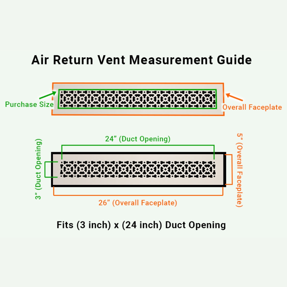 Achtek 3x24 air vent purchase guide showing purchase size having duct opening 3x24 and overall faceplate 5x26
