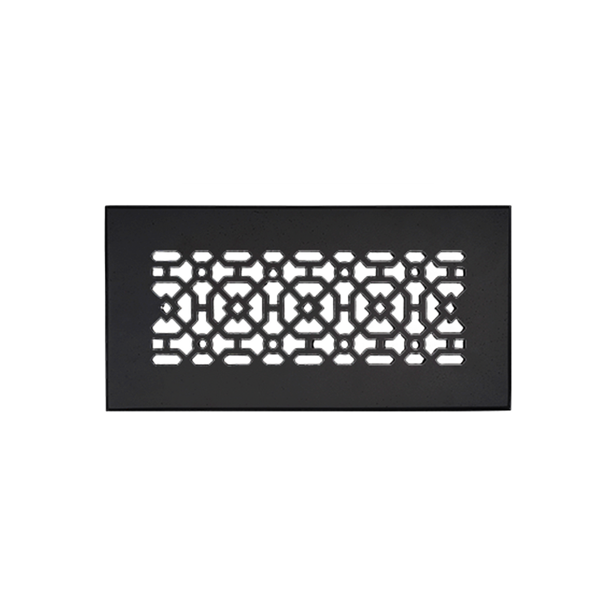 Achtek 4x10 powder coated black, heavy cast aluminum air return vent cover for floor with a geometric pattern.