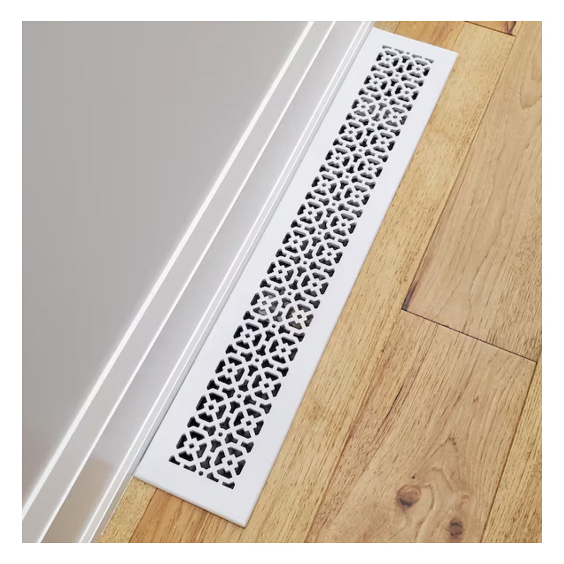 Achtek 4x30 decorative white floor vent with geometric pattern & beveled edges for floor mounting
