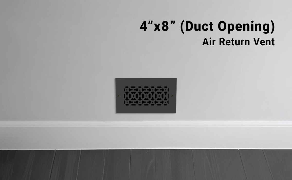 Achtek 4x8 rust free air return vent installed on a wall, featuring a sleek black finish and decorative geometric grille.