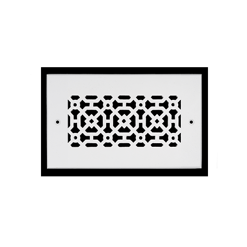 Achtek 4x8 white heavy cast aluminum air return vent cover with a geometric pattern and beveled edges for wall applications