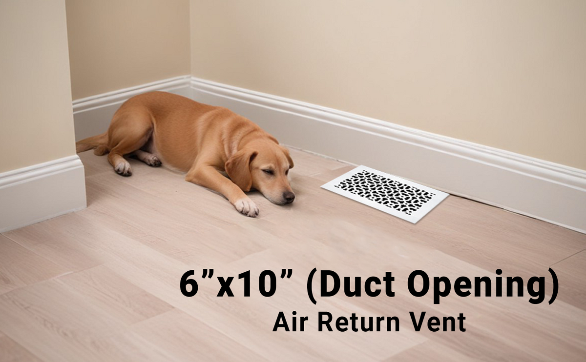 Achtek 6x10 white floor air vent with decorative geometric design and beveled edges
