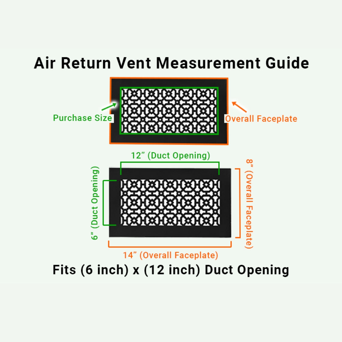 Achtek 6x12 decorative air return vent purchase guide showing purchase size having duct opening 6x12 and overall faceplate 8x14