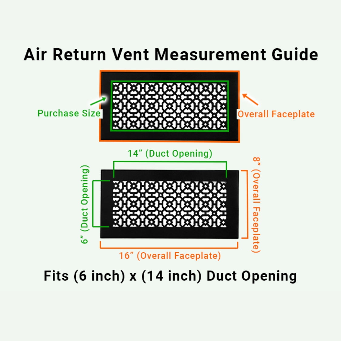 Achtek 6x14 handcrafted air return vent purchase guide showing purchase size having duct opening 6x14 and overall faceplate 8x16