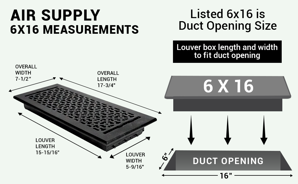 Achtek 6x16 air vent purchase guide showing purchase size having duct opening 6x16, and overall faceplate 7-1/2X17-3/4
