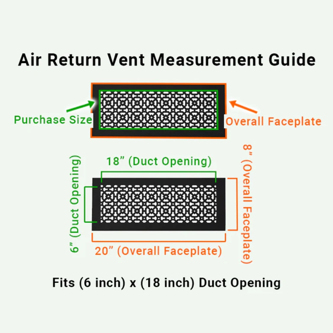 Achtek solid cast metal air vent purchase guide showing purchase size having duct opening 6x18 and overall faceplate 8x20
