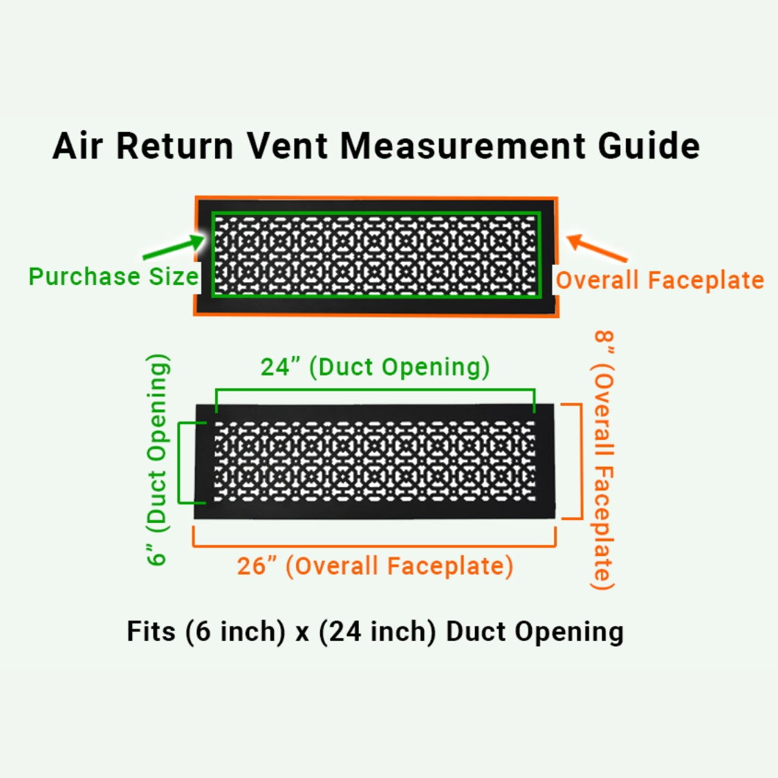 6x24 Achtek air vent purchase guide showing purchase size having duct opening 6x24 and overall faceplate 8x26
