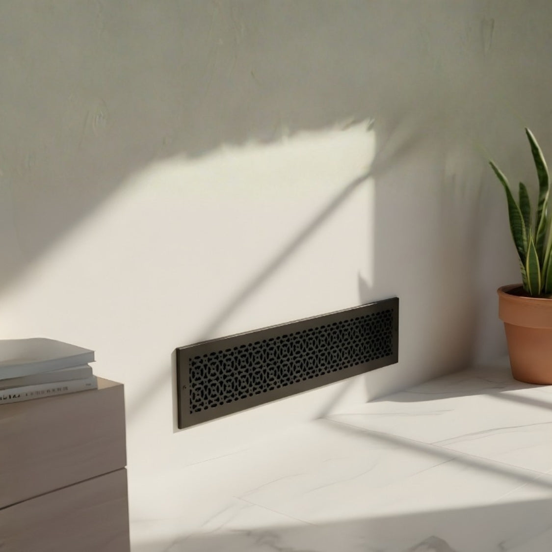 Achtek 6x26 solid cast aluminum black air vent cover with decorative geometric pattern, provided with color matching screws