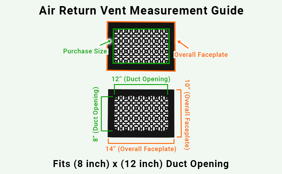 8x12 Achtek air vent purchase guide showing purchase size having duct opening 8x12 and overall faceplate 10x14