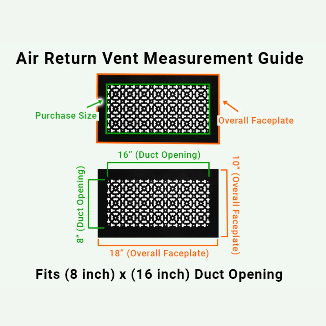 8x16 Achtek air vent purchase guide showing purchase size having duct opening 8x16 and overall faceplate 10x18
