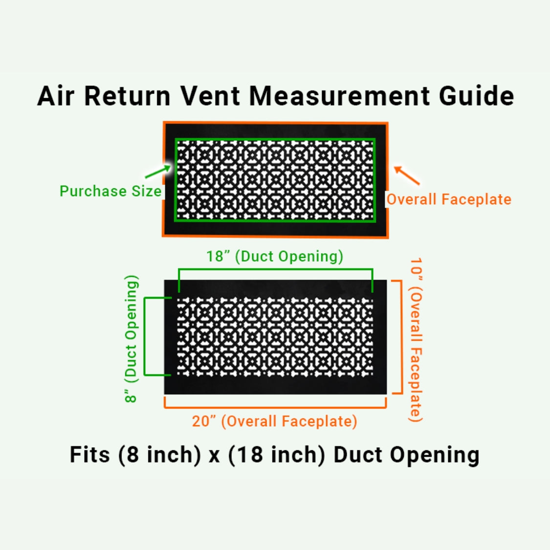 8x18 Achtek air vent purchase guide showing purchase size having duct opening 8x18 and overall faceplate 10x20