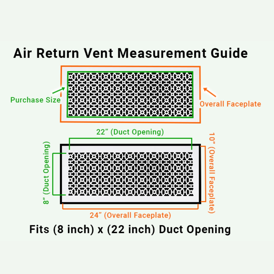 8x22 Achtek air vent purchase guide showing purchase size having duct opening 8x22 and overall faceplate 10x24

