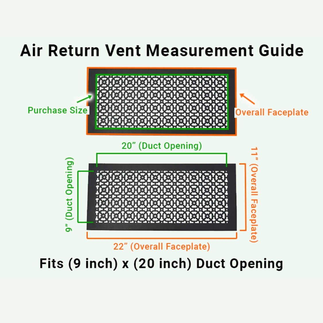 9x20 Achtek air vent purchase guide showing purchase size having duct opening 9x20 and overall faceplate 11x22