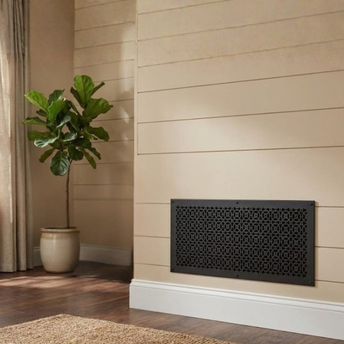 Achtek 12x30 handcrafted wall air return vent with black finish, countersunk screw holes, geometric design, beveled edge