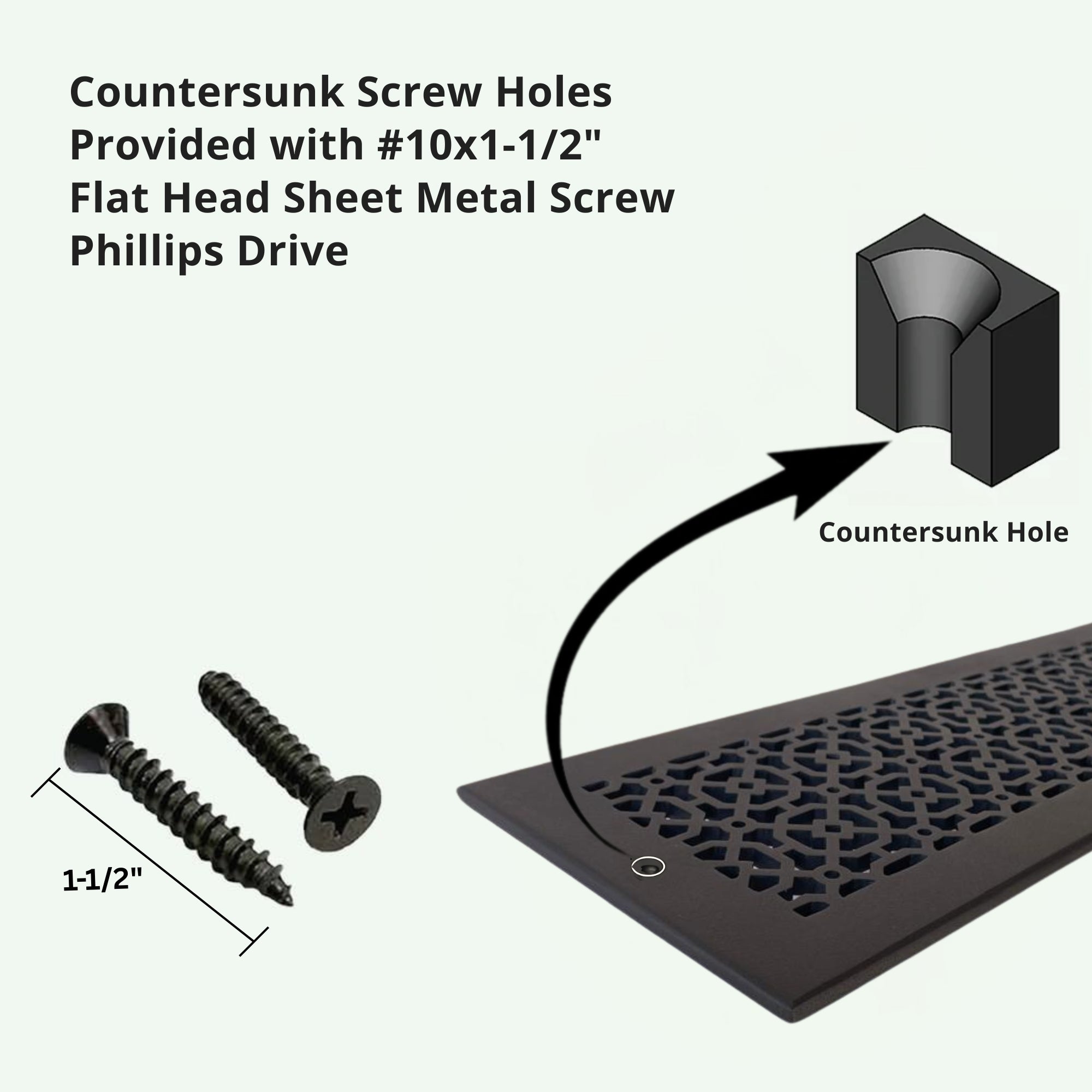 Achtek Air Return for wall provided with Countersunk screw holes, 10*1 – ½ flat head sheet metal screw Philips drive