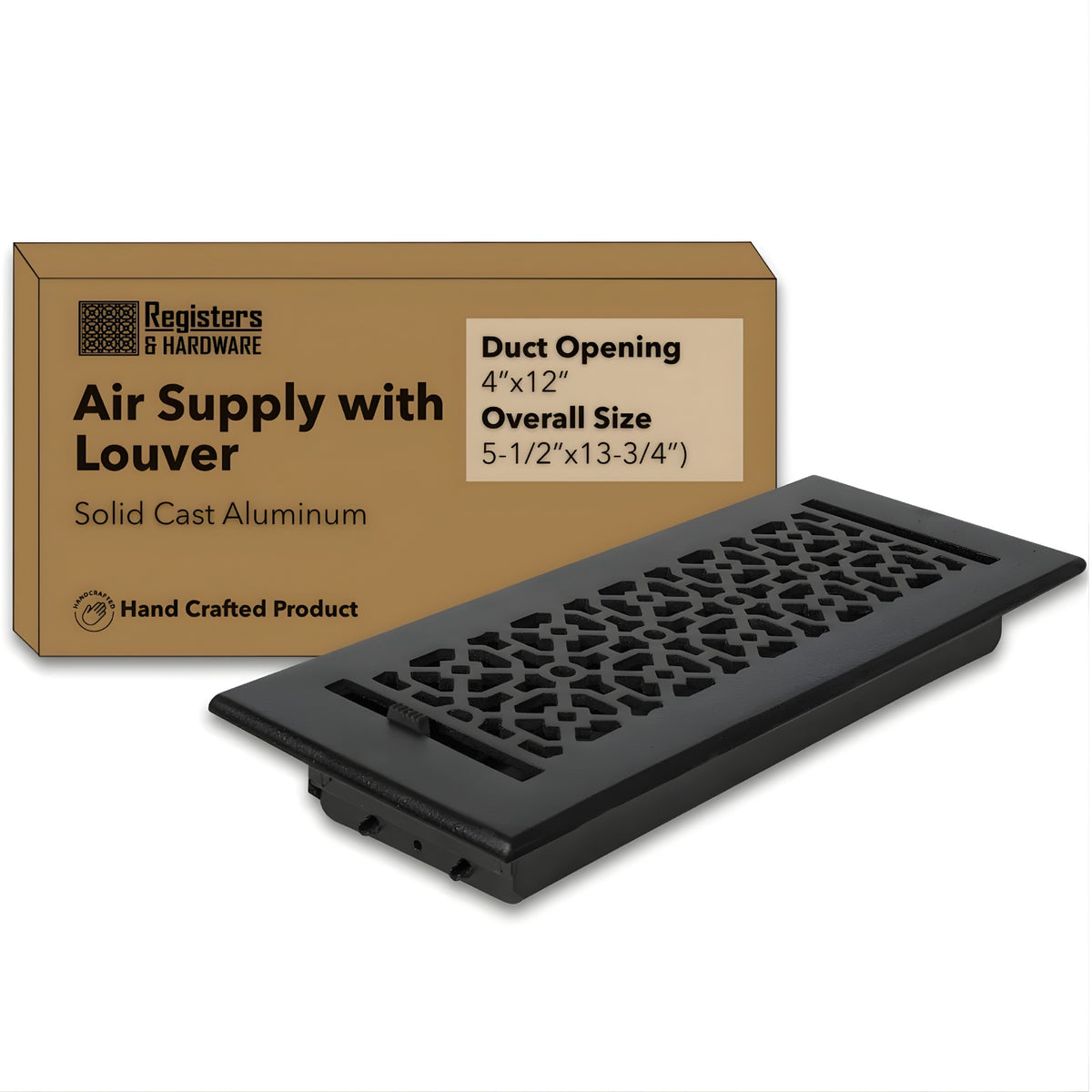 Achtek 4x12 HVAC air supply vent for floor mounting with powder coated black finish, beveled edge, gravity drop installations