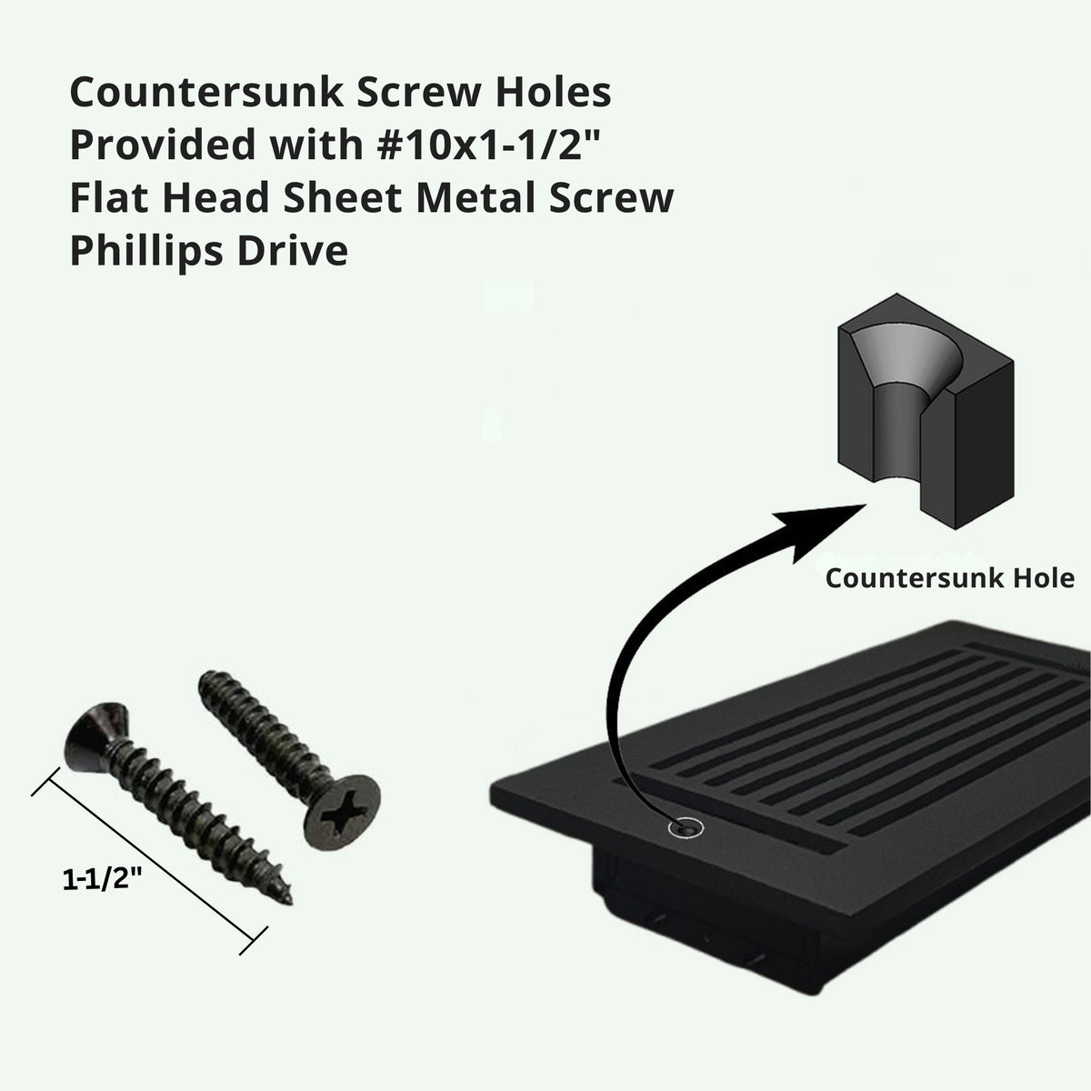 Achtek Air Supply for wall provided with Countersunk screw holes, 10*1 – ½ flat head sheet metal screw Philips drive