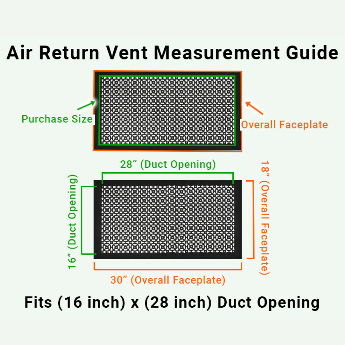 Achtek 16x28 air vent purchase guide showing purchase size having duct opening 16x28 and overall faceplate 18x30