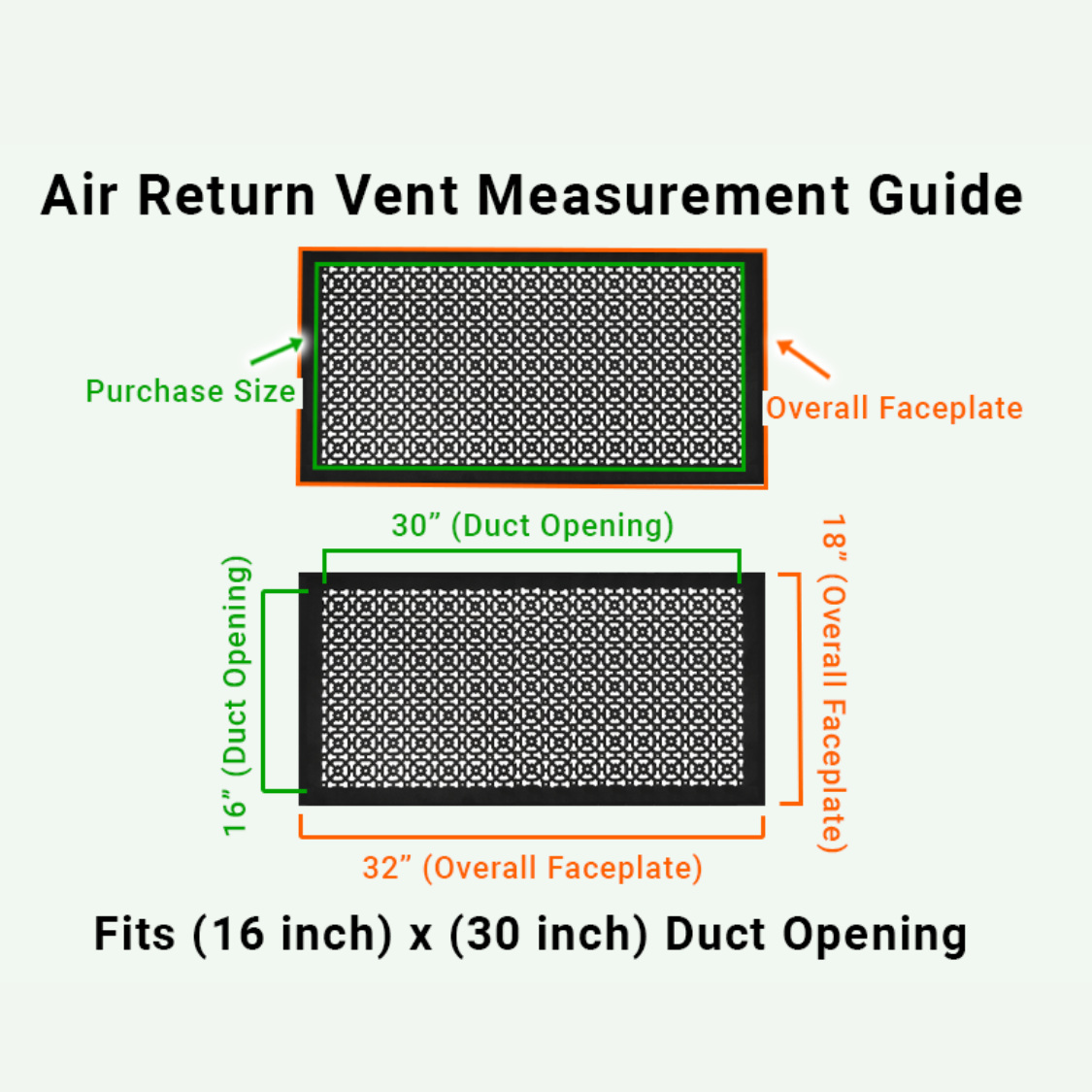 Achtek 16x30 air vent purchase guide showing purchase size having duct opening 16x30 and overall faceplate 18x32