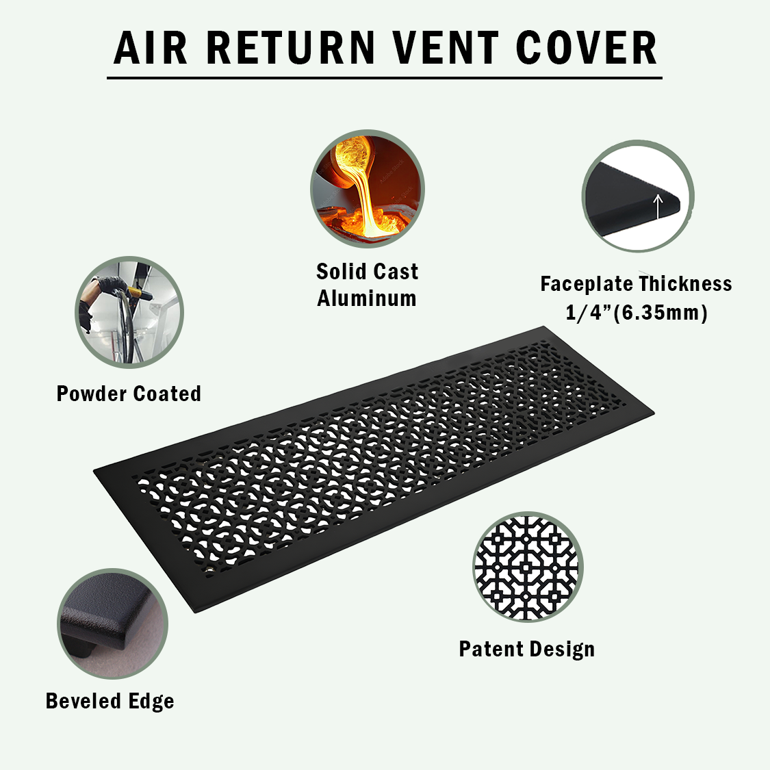 Decorative Achtek Design Cast aluminum air return vent cover, powder coated, beveled edge, Faceplate thickness of ¼ inch