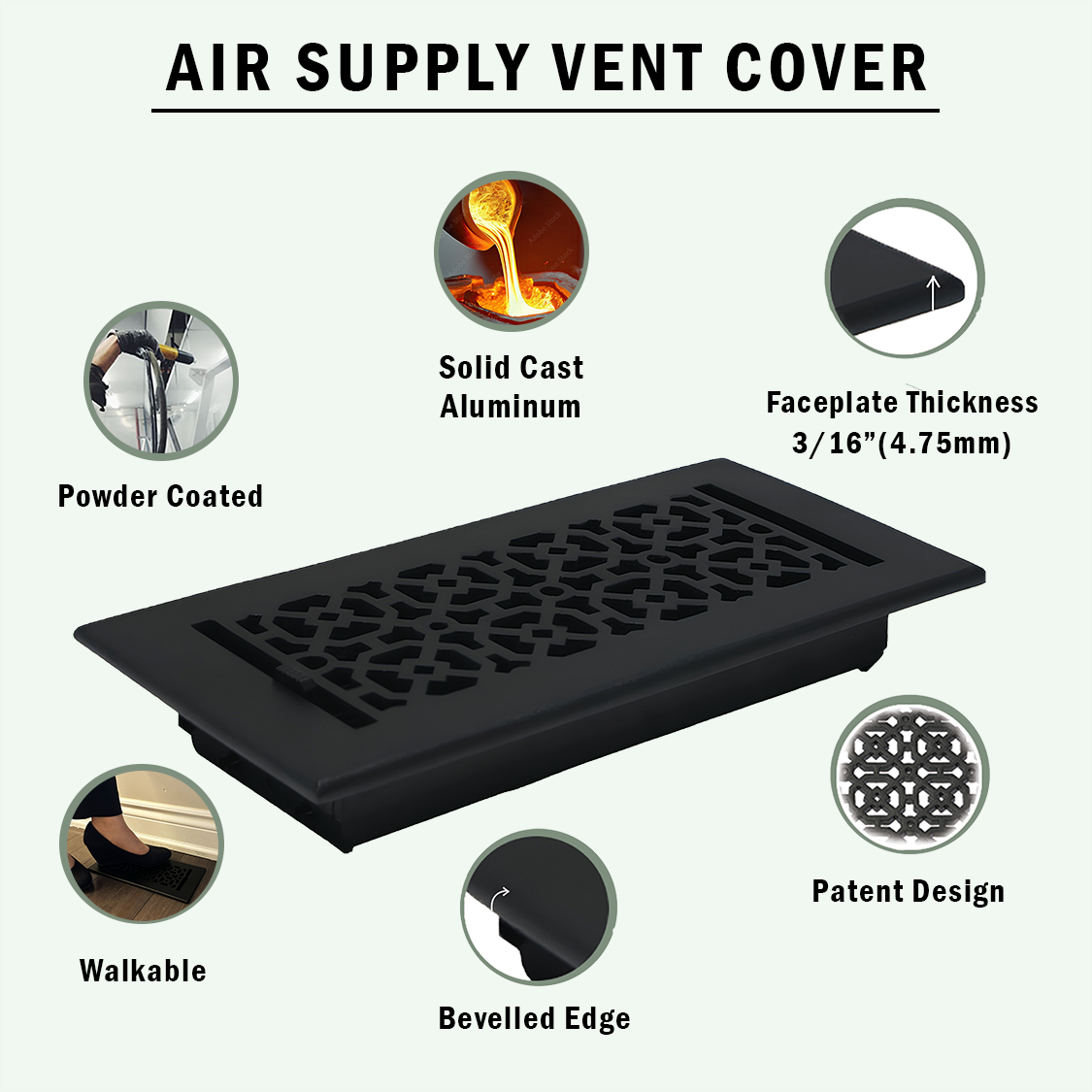 PACK of 2 ACHTEK 4"x10" Walkable FLOOR Solid Cast Aluminum Air Supply louvered Powder Coated