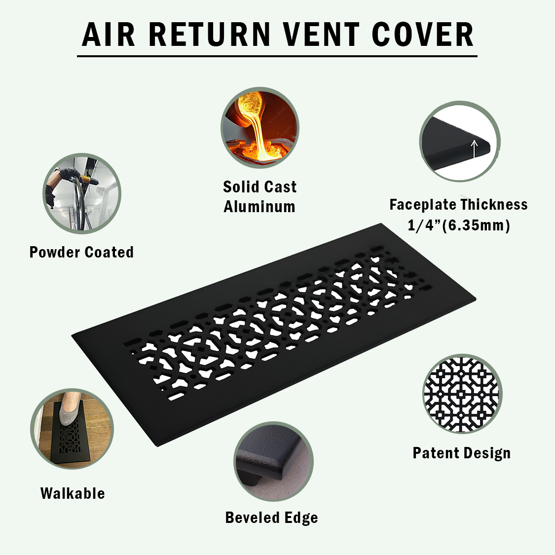 Patent design in Achtek image showing walkable vent in powder coated finish beveled edge, Faceplate thickness of ¼ inch