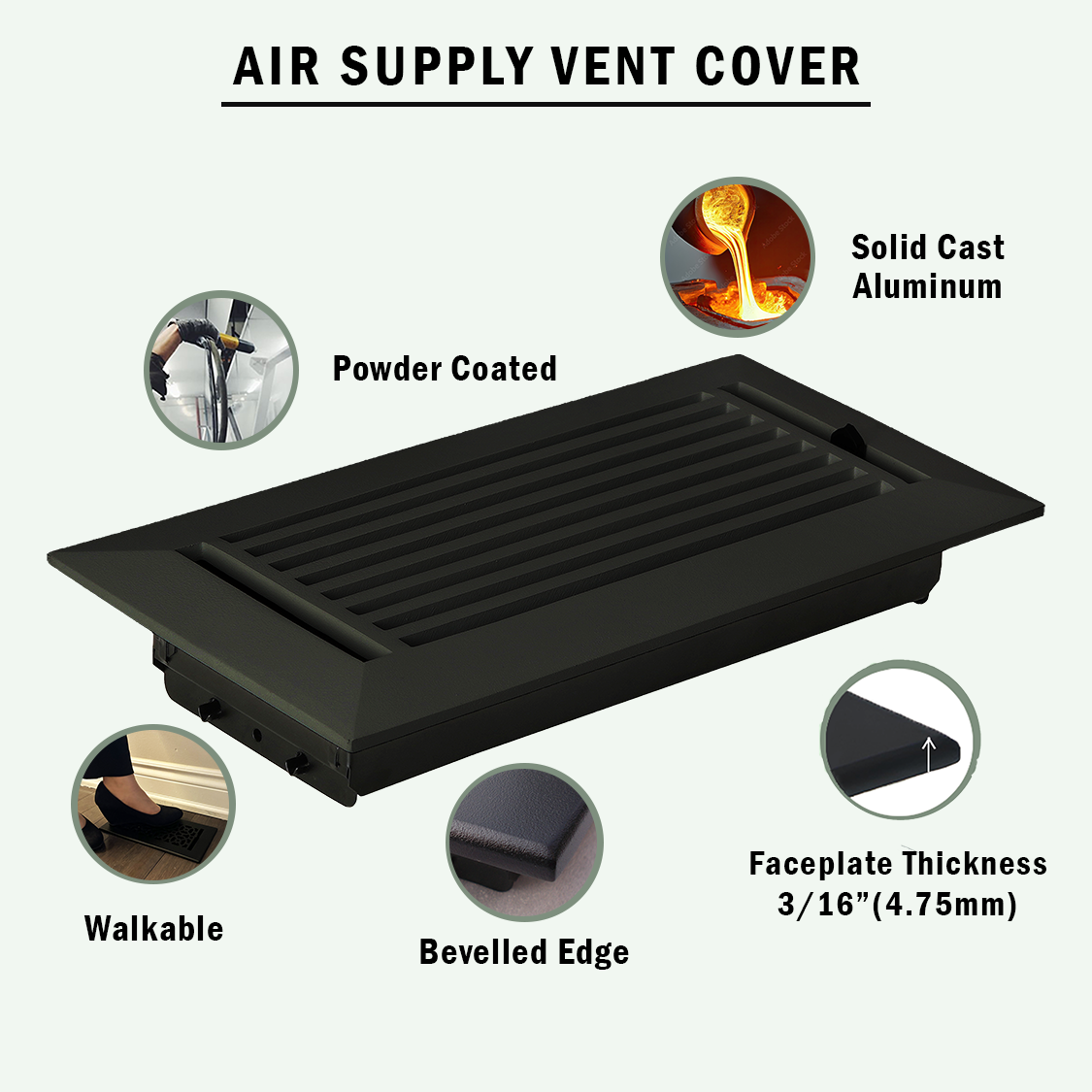 Patent design Achtek supply vent showing walkable vent in powder coated finish beveled edge, Faceplate thickness of 3/16 inch