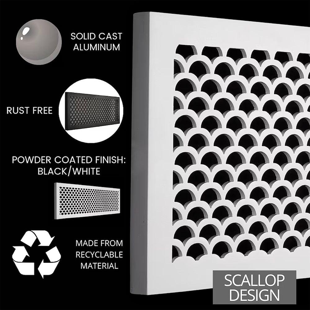Scallop BASEBOARD 6"x10" Duct opening Solid Cast Aluminum Grill Vent Cover | Powder Coated| (Overall 8"x12”)