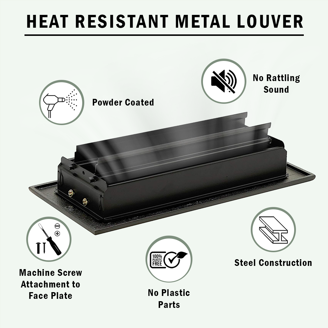 Heat resistant metal louver with black finish, machine screw attachment to faceplate, no plastic parts & no rattling sound