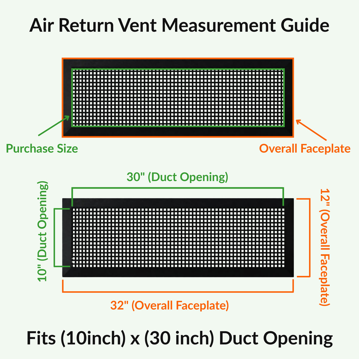 Mosaic 10x30 air vent purchase guide showing purchase size having duct opening 10x30, and overall faceplate 12x32